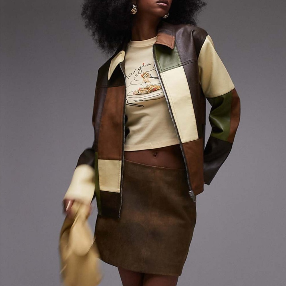 Topshop Contrast Panel Faux Leather Jacket in Multi